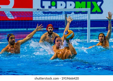 Budapest Hungary Jan. 22, 2020: The 34th Men's European Water Polo Championship. The tournament for national teams. Italy - Montenegro. Montenegro won the game by 8-10.