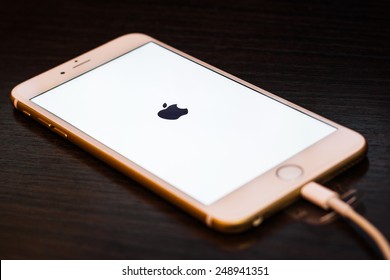Budapest, Hungary January 08, 2015: close up image of the new apple iphone6 with the charging cable on