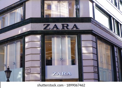 Budapest, Hungary - January 20, 2021: Zara Dress Fashion Store Company Sign Board On The Shop Facade In City Centre