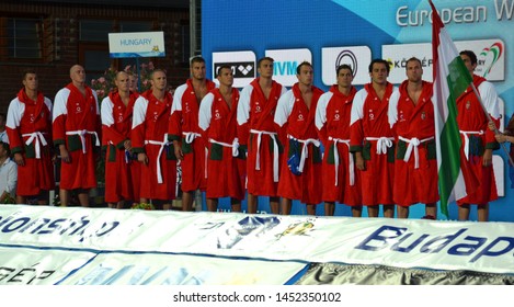 Budapest, Hungary - Jul 14, 2014. The Hungarian Waterpolo Team Listen The National Anthem. The Waterpolo European Championship Was Held In Alfred Hajos Swimming Centre In 2014