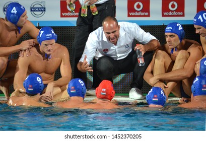 Budapest, Hungary - Jul 14, 2014. BENEDEK Tibor Head Coach And The Hungarian Men Waterpolo Team In The Break. LEN Waterpolo European Championship Was Held In Alfred Hajos Swimming Centre In 2014.