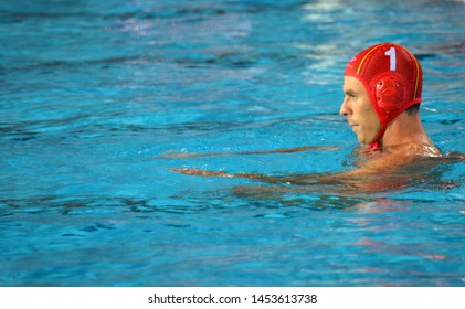 Budapest, Hungary - Jul 14, 2014. AGUILAR VICENTE Inaki (ESP, 1) goalkeeper.The Waterpolo European Championship was held in Alfred Hajos Swimming Centre in 2014.