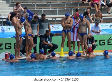 Budapest, Hungary - Jul 14, 2014. SAVIC Dejan head coach and the serbian men waterpolo team in the break. LEN Waterpolo European Championship was held in Alfred Hajos Swimming Centre in 2014.
