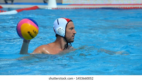 Budapest, Hungary - Jul 14, 2014. GARSAU Remi (FRA, 1) goalkeeper with the ball. Waterpolo European Championship was held in Alfred Hajos Swimming Centre in 2014.