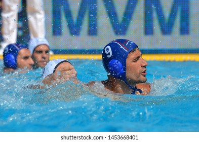 Budapest, Hungary - Jul 14, 2014. RADJEN Nikola (SRB, 9) and SIMON Thibaut (FRA, 6) wrestling in the pool. Waterpolo European Championship was held in Alfred Hajos Swimming Centre in 2014.