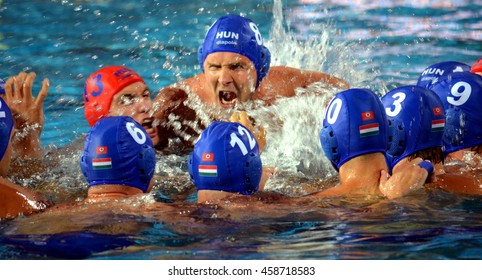 Budapest, Hungary - Jul 14, 2014. Hungarian team shout their battle-cry at the start. The Waterpolo European Championship was held in Alfred Hajos Swimming Centre in 2014. 