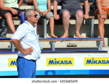 Budapest, Hungary - Jul 15, 2014.  Alessandro Campagna head coach talking about strategy to the italian team. The Waterpolo European Championship was held in Alfred Hajos Swimming Centre in 2014.