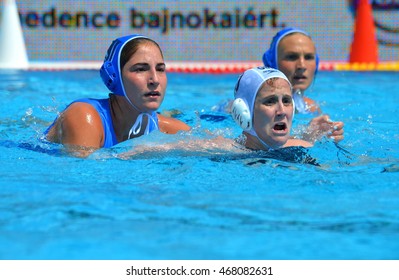 Budapest, Hungary - Jul 16, 2014. 	PLEVRITOU Eleftheria (GRE 11) defending against  WINSTANLEY-SMITH Angela (GBR 10). Waterpolo European Championship was held in Alfred Hajos Swimming Centre in 2014.