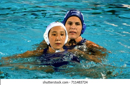 Budapest, Hungary - Jul 16, 2017. BUJKA Barbara (HUN) fights with Japan team in the preliminary round. FINA Waterpolo World Championship was held in Alfred Hajos Swimming Centre in 2017.