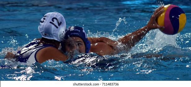 Budapest, Hungary - Jul 16, 2017. BUJKA Barbara (HUN) fights with SUZUKI Kotor (JPN) in the preliminary round. FINA Waterpolo World Championship was held in Alfred Hajos Swimming Centre in 2017.
