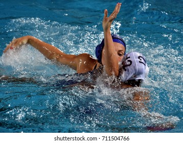 Budapest, Hungary - Jul 16, 2017. GURISATTI Greta (HUN) fights with SUZUKI Kotori (JPN) in the preliminary round. FINA Waterpolo World Championship was held in Alfred Hajos Swimming Centre in 2017.