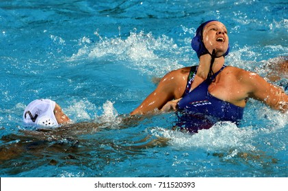Budapest, Hungary - Jul 16, 2017. TOTH Ildiko (HUN) fights with ARIMA Yumi (JPN) in the preliminary round. FINA Waterpolo World Championship was held in Alfred Hajos Swimming Centre in 2017.