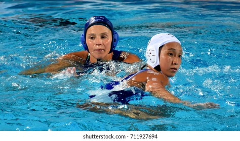 Budapest, Hungary - Jul 16, 2017. ILLES Anna (HUN) fights with SAKANOUE Chiaki  (JPN) in the preliminary round. FINA Waterpolo World Championship was held in Alfred Hajos Swimming Centre in 2017.