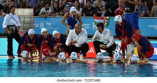 Budapest, Hungary - Jul 16, 2017. The Japanese Women Waterpolo Team In The Break. FINA Waterpolo World Championship Was Held In Alfred Hajos Swimming Centre In 2017.