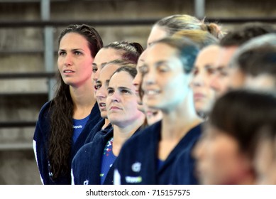 Budapest, Hungary - Jul 16, 2017. Hungarian women waterpolo team listen the national anthem, KASO Orsolya in focus. FINA Waterpolo World Championship was held in Alfred Hajos Swimming Centre in 2017.