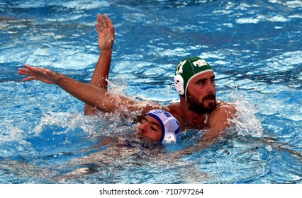 Budapest, Hungary - Jul 17, 2017. UBOVIC Nemanja (SRB) fights with MOLYNEUX Nicholas (RSA) in the preliminary round. FINA Waterpolo World Championship was held in Alfred Hajos Swimming Centre in 2017.