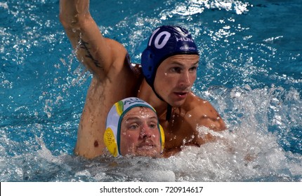 Budapest, Hungary - Jul 17, 2017. VARGA Denes (HUN) waterpolo player (in blue) fights with GILCHRIST Jarrod (AUS). FINA Waterpolo World Championship was held in Alfred Hajos Swimming Centre in 2017.