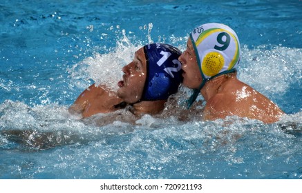 Budapest, Hungary - Jul 17, 2017. HARAI Balazs hungarian waterpolo player (in blue) fights with FORD Andrew (AUS). FINA Waterpolo World Championship was held in Alfred Hajos Swimming Centre in 2017.