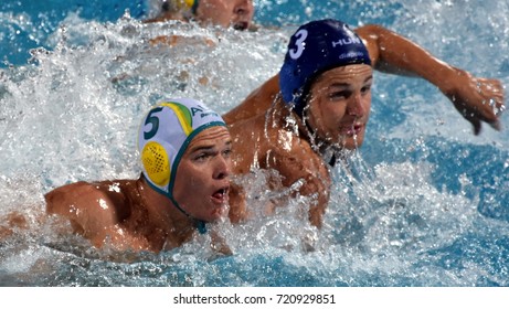 Budapest, Hungary - Jul 17, 2017. MANHERCZ Krisztian (HUN) (in blue) fights with POWER Nathan (AUS). FINA Waterpolo World Championship was held in Alfred Hajos Swimming Centre in 2017.