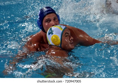 Budapest, Hungary - Jul 17, 2017. TÖRÖK Bela, hungarian waterpolo player (in blue) fights with KAYES Joe (AUS). FINA Waterpolo World Championship was held in Alfred Hajos Swimming Centre in 2017.