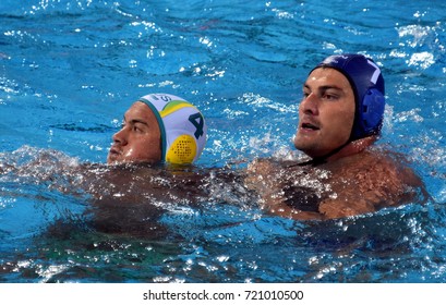 Budapest, Hungary - Jul 17, 2017. DECKER Adam, hungarian waterpolo player (in blue) fights with KAYES Joe (AUS). FINA Waterpolo World Championship was held in Alfred Hajos Swimming Centre in 2017.