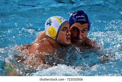 Budapest, Hungary - Jul 17, 2017. DECKER Adam, hungarian waterpolo player (in blue) fights with KAYES Joe (AUS). FINA Waterpolo World Championship was held in Alfred Hajos Swimming Centre in 2017.