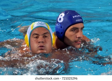 Budapest, Hungary - Jul 17, 2017. GOR-NAGY Miklos (HUN) (in blue) fights with KAYES Joe (AUS). FINA Waterpolo World Championship was held in Alfred Hajos Swimming Centre in 2017.