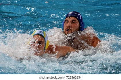 Budapest, Hungary - Jul 17, 2017. MEZEI Tamas (HUN) fights with FORD George  (AUS). FINA Waterpolo World Championship was held in Alfred Hajos Swimming Centre in 2017.
