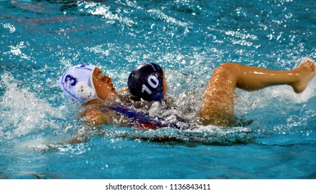 Budapest, Hungary - Jul 20, 2017. BUJKA Barbara (HUN) fights against GENEE Dagmar (NED) in the preliminary round. FINA Waterpolo World Championship was held in Alfred Hajos Swimming Centre in 2017.