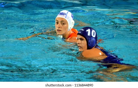 Budapest, Hungary - Jul 20, 2017. BUJKA Barbara (HUN) fights against van der SLOOT Sabrina (NED) in the preliminary round. FINA Waterpolo World Championship was held in Alfred Hajos Swimming Centre.