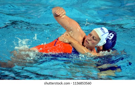 Budapest, Hungary - Jul 20, 2017. TOTH Ildiko (HUN) fights against KLAASSEN Lieke (NED) in the preliminary round. FINA Waterpolo World Championship was held in Alfred Hajos Swimming Centre in 2017.