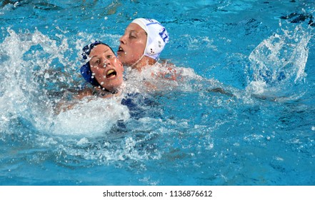 Budapest, Hungary - Jul 20, 2017. TAKACS Orsolya (HUN) fights against KLAASSEN Lieke (NED) in the preliminary round. FINA Waterpolo World Championship was held in Alfred Hajos Swimming Centre in 2017.