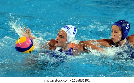 Budapest, Hungary - Jul 20, 2017. SZUCS Gabriella (HUN) fights against MEGENS Maud (NED) in the preliminary round. FINA Waterpolo World Championship was held in Alfred Hajos Swimming Centre in 2017.