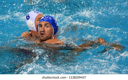 Budapest, Hungary - Jul 25, 2017. LISUNOV Sergey (11) russian waterpolo player, captain of the team. FINA Waterpolo World Championship was held in Alfred Hajos Swimming Centre in 2017.