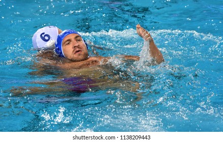 Budapest, Hungary - Jul 25, 2017. LISUNOV Sergey (11) russian waterpolo player, captain of the team. FINA Waterpolo World Championship was held in Alfred Hajos Swimming Centre in 2017.