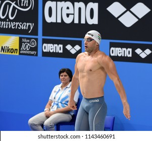 Budapest, Hungary - Jul 25, 2017. Competitive swimmer FINANCSEK Gabor (HUN) swimming breastroke. FINA Swimming World Championship Preliminary Heats in Duna Arena.