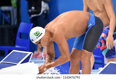 Budapest, Hungary - Jul 25, 2017. Competitive swimmer LIMA Felipe (BRA) swimming breastroke. FINA Swimming World Championship Preliminary Heats in Duna Arena.