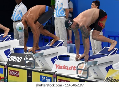 Budapest, Hungary - Jul 25, 2017. Competitive swimmer PEATY Adam (GBR) and LIMA Felipe (BRA) swimming breastroke. FINA Swimming World Championship Preliminary Heats in Duna Arena.