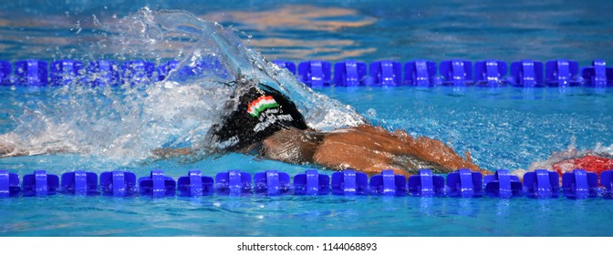 Budapest, Hungary - Jul 25, 2017. Competitive swimmer GYURTA Gergely (HUN) swimming 800m freestyle. FINA Swimming World Championship Preliminary Heats in Duna Arena.