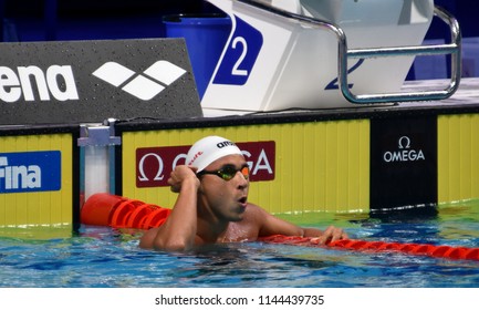 Budapest, Hungary - Jul 25, 2017. Competitive swimmer LIMA Felipe (BRA) in the 50m breaststroke. FINA Swimming World Championship Semifinal in Duna Arena.