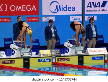 Budapest, Hungary - Jul 25, 2017. Competitive swimmer MCKEON Emma (AUS) and LEDECKY Katie (USA) in the 200m freestyle Semifinal. FINA Swimming World Championship was held in Duna Arena.