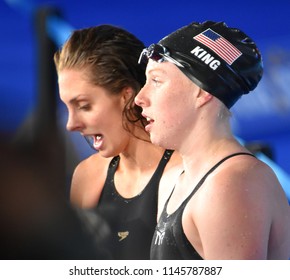 Budapest, Hungary - Jul 25, 2017. Competitive swimmer MEILI Katie (USA) and KING Lilly (USA) winner of the 100m breaststroke Final. FINA Swimming World Championship was held in Duna Arena.