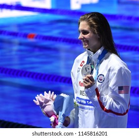 Budapest, Hungary - Jul 25, 2017. Competitive swimmer MEILI Katie (USA) at the Victory Ceremony of the Women's 100m Breaststroke. FINA Swimming World Championship was held in Duna Arena.