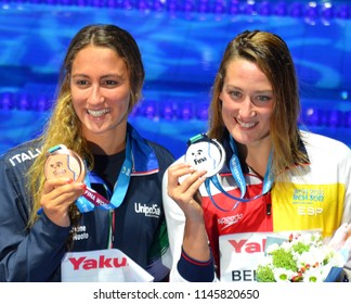 Budapest, Hungary - Jul 25, 2017. QUADARELLA Simona (ITA) and BELMONTE Mireia (ESP) at the Victory Ceremony of the Women's 1500m Freestyle. FINA Swimming World Championship was held in Duna Arena.