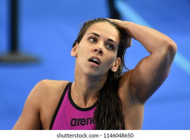 Budapest, Hungary - Jul 26, 2017. Competitive swimmer JOO Sara (HUN) swimming 50m backstroke. FINA Swimming World Championship Preliminary Heats in Duna Arena.