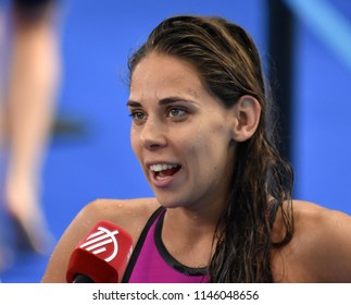 Budapest, Hungary - Jul 26, 2017. Competitive swimmer JOO Sara (HUN) swimming 50m backstroke. FINA Swimming World Championship Preliminary Heats in Duna Arena.
