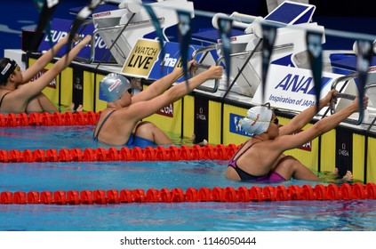Budapest, Hungary - Jul 26, 2017. Competitive swimmer JOO Sara (HUN) and STEINA Kristina Silvia (LAT) swimming 50m backstroke. FINA Swimming World Championship Preliminary Heats in Duna Arena.
