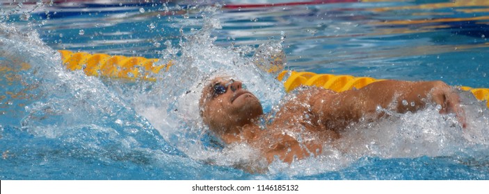 Budapest, Hungary - Jul 26, 2017. Competitive swimmer BALOG Gabor (HUN) swimming in the Mixed 4x100m Medley Relay. FINA Swimming World Championship Preliminary Heats in Duna Arena.