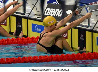 Budapest, Hungary - Jul 26, 2017. Competitive swimmer BARRATT Holly (AUS) in the 50m backstroke Semifinal. FINA Swimming World Championship was held in Duna Arena.