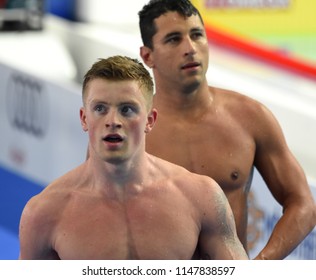 Budapest, Hungary - Jul 26, 2017. Competitive swimmer PEATY Adam (GBR) and LIMA Felipe (BRA) in the 50m breaststroke Final. FINA Swimming World Championship was held in Duna Arena.
